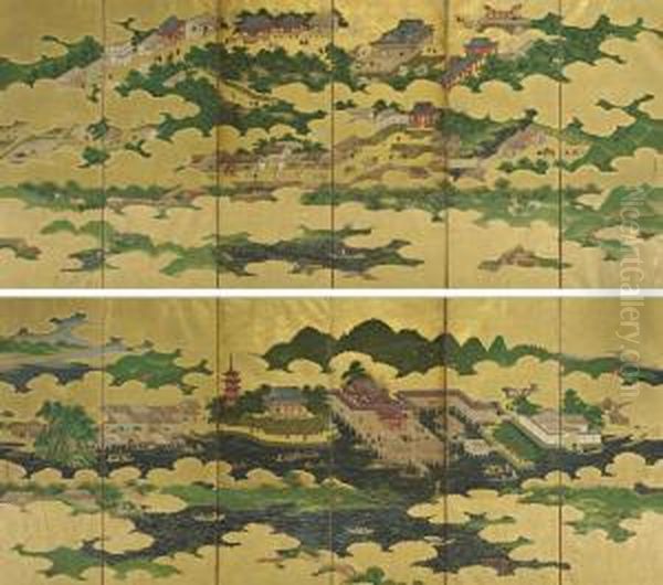 Hasedera Temple And Itsukushima Shrine Oil Painting by Kano Masunobu