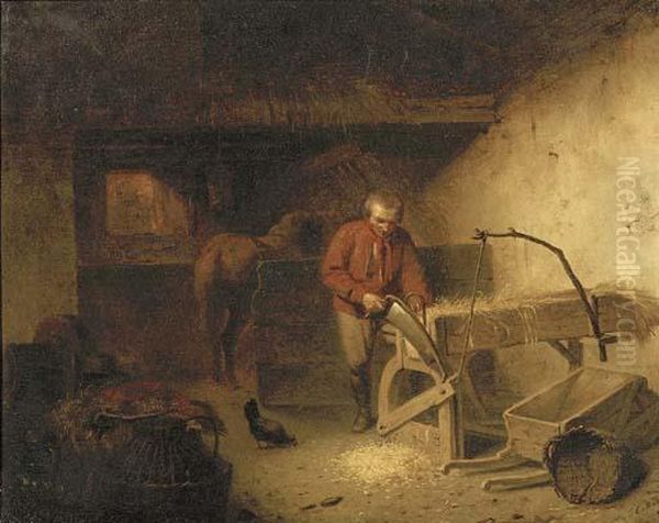 A Farmer At Work In A Stable Oil Painting by Johannes Engel Masurel