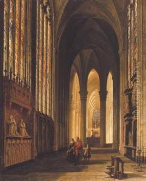 Kerkinterieur Met Personages Nabij Praalgraven Oil Painting by Joseph Maswiens