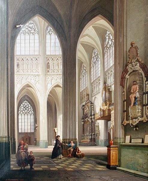 A Cathedral Interior Oil Painting by Joseph Maswiens