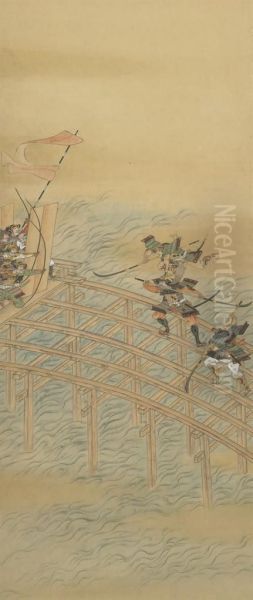 Battle At Uji Bridge Oil Painting by Iwasa Matabei