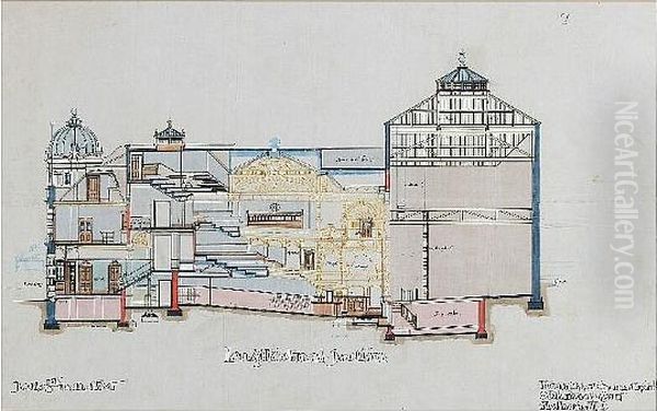 Opera House, Buxton, A Group Of Three Architectural Drawings, Comprising A Longtitudinal Section, Pit Plan, And Two Sections (on One Sheet) Of The Stage Oil Painting by Frank Matcham