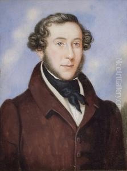 A Miniature Portrait Of A Gentleman Wearing A Brown Coat, Cream Waistcoat And Tied Black Stock Oil Painting by George Marshall Mather