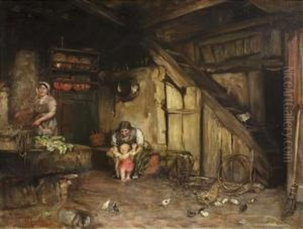 Nikolaus . Interior Of A Peasant Kitchen With Grandma Playing With Her Grandchild While The Mother Is Preparing Meal Oil Painting by Nicolaus Mathes