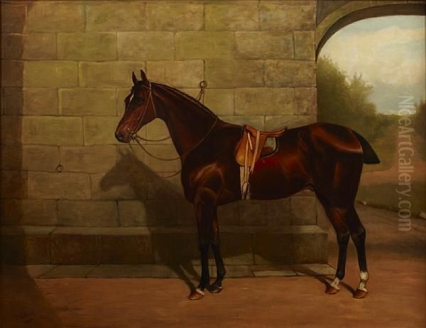 A Chestnut Race Horse In A Courtyard Oil Painting by John Mathews