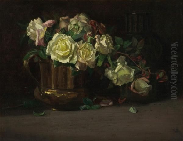 Roses In A Copper Pot Oil Painting by Frank Convers Mathewson