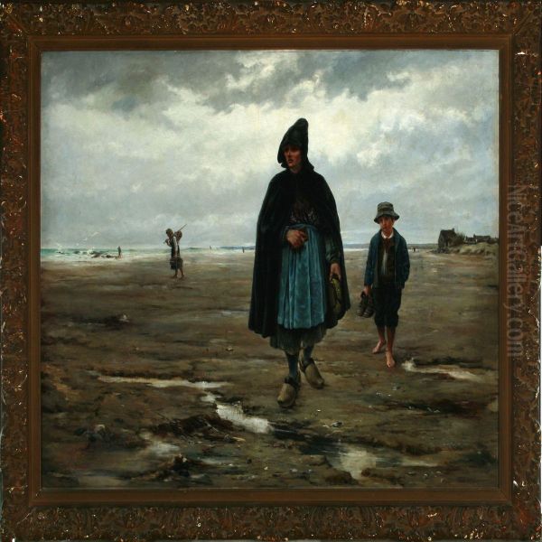 Woman And Boy On The Beach Oil Painting by Paul Mathey