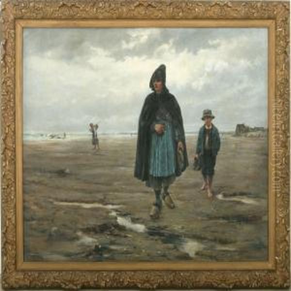 Woman And Boy On Thebeach Oil Painting by Paul Mathey