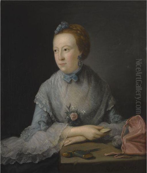 Portrait Of A Lady, Half Length, Seated At A Table, Wearing Alace-rimmed Blue Dress Oil Painting by Gabriel Mathias