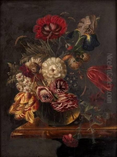 Mixed Flowers In A Glass Vase On A Stone Ledge Oil Painting by Albert Matignon