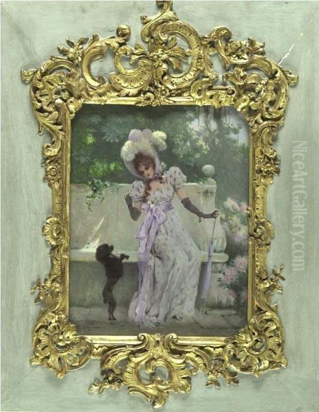 Elegant Ladies With Their Dogs: A Pair Oil Painting by Albert Matignon