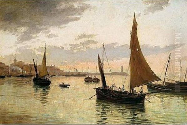 Atardecer Sobre El Puerto De Barcelona Oil Painting by Segundo Matilla Y Marina