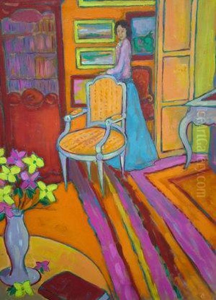 Lady In An Interior With A Vase Of Flowers Oil Painting by Auguste Matisse