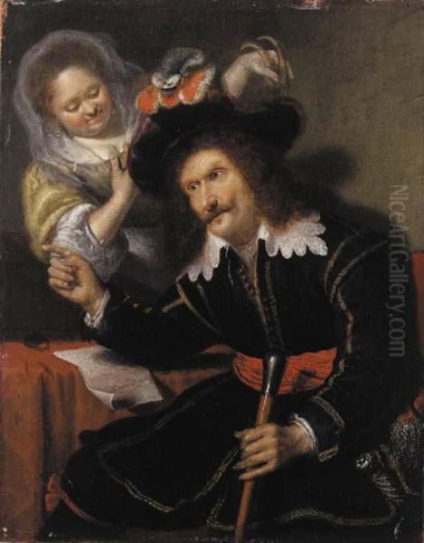 A Gentleman In Fancy Dress, Seated Small Three Quarter Length, By Atable, Mocked By A Lady Standing Behind Him Oil Painting by Bartholomaus Maton