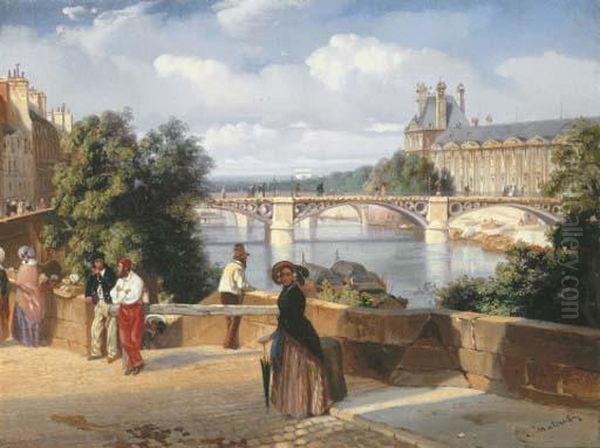 Elegant Figures By The Pont-des-arts, Paris, With The Palais Du Louvre Beyond Oil Painting by Louis Matout