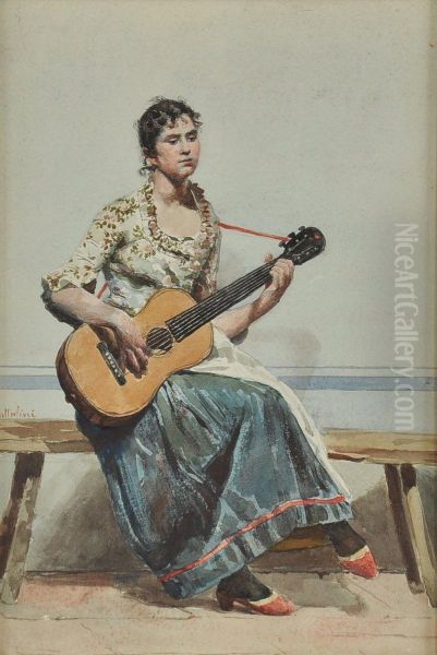 Young Woman With Guitar Oil Painting by A Mattalini