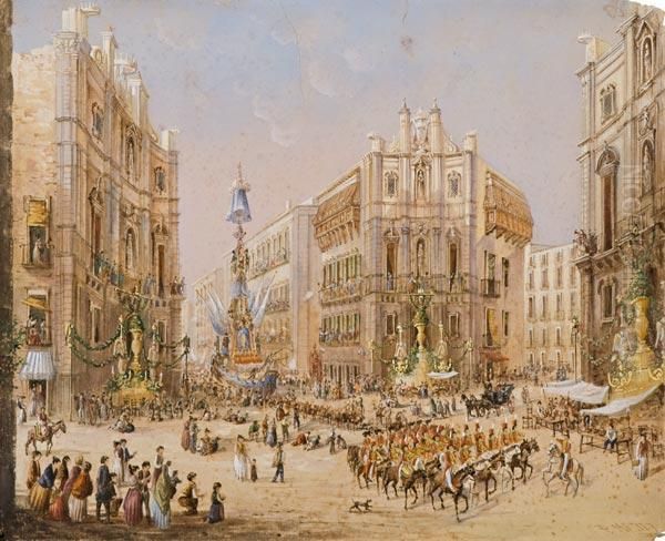 La Festa Di Santa Rosalia A Palermo Oil Painting by Pasquale Mattei