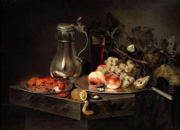 Still-lifewith Fruit, Crayfish, Cylindrical Glass And A Tin Vessel Oil Painting by Theodor Mattenheimer