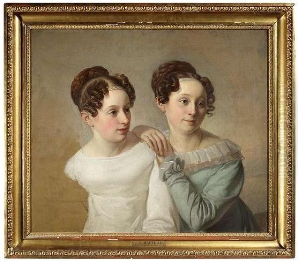 Portrait Of The Siblings Friedrike And Luise Campe, Daughters Of The Leipzig Merchant And Bavarian Consul Heinrich Wilhelm Campe. Oil/canvas/canvas, Verso Inscribed Oil Painting by Johann Friedrich Matthai