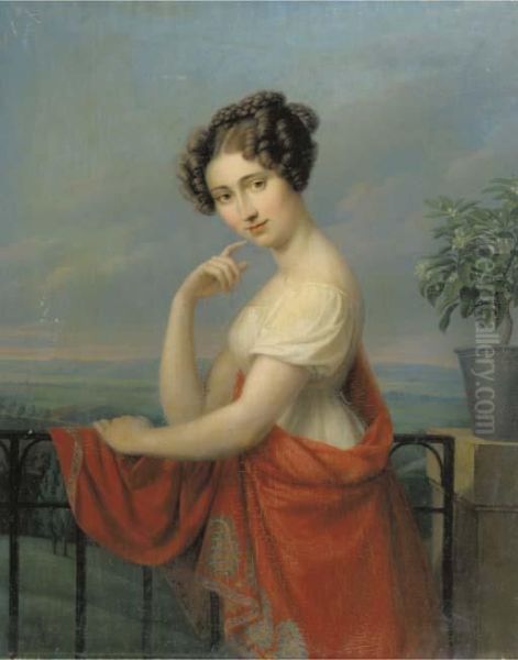 Portrait Of A Young Lady With A Red Shawl, Standing By Abalcony Oil Painting by Johann Friedrich Matthai