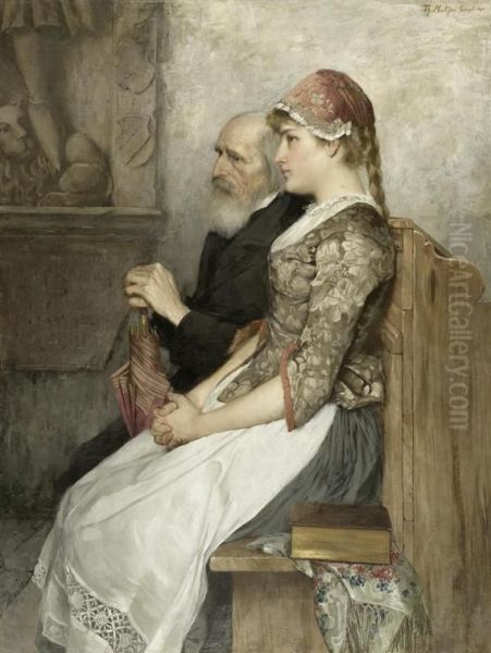 Girl With Older Man On A Church Bench Oil Painting by Theodor Matthei