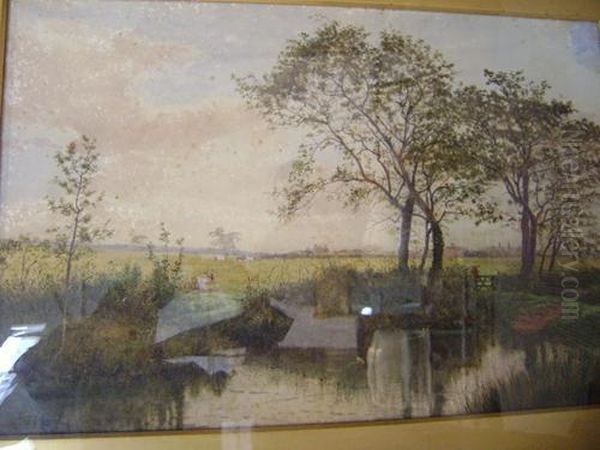 Landscape With Pond And Cattle Oil Painting by Jarvis Matthew