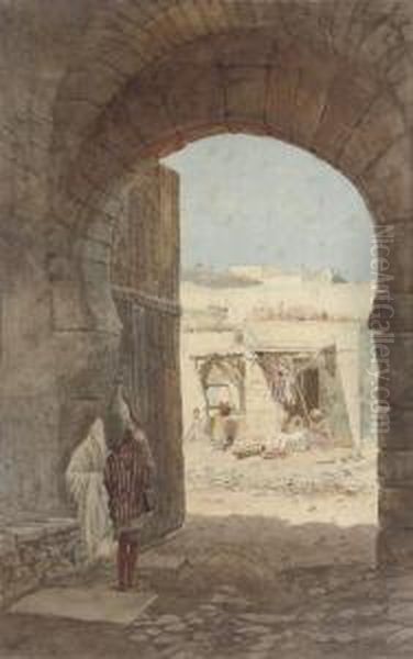 A Watercarrier Walking Through A Gateway (illustrated); And Astreet Scene With Figures Oil Painting by Jarvis Matthew