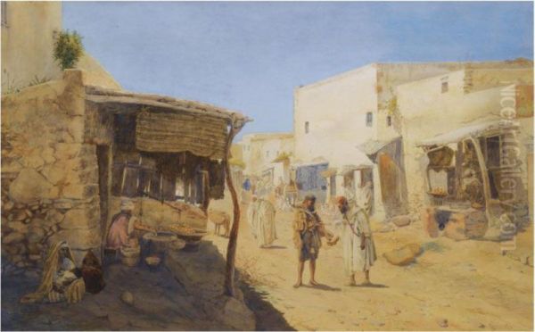 View Of The Main Street With Waterseller And Pastry Cook's Shops,safi, Morocco Oil Painting by Jarvis Matthew