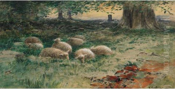 Sheep Grazing In A Field Oil Painting by Marmaduke Matthews