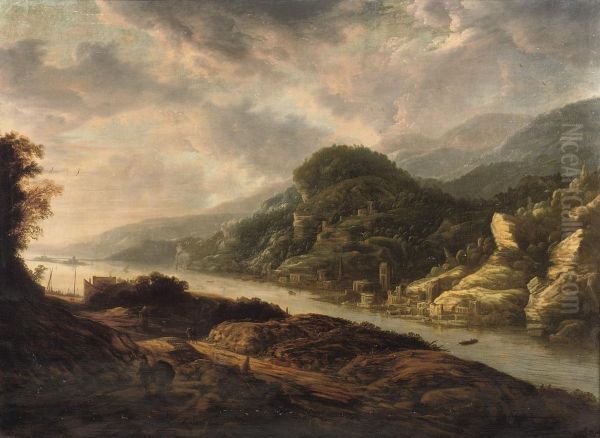 A River Landscape With Travellers On A Path And A Town Along The River Oil Painting by Cornelis Matthieu