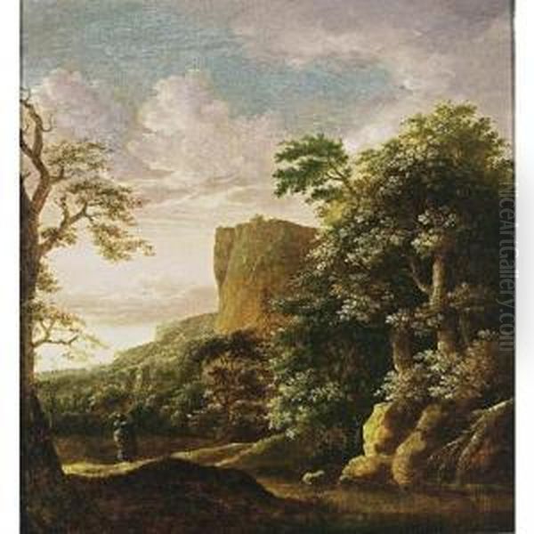 A Southern Wooded Landscape With A Traveller Near A Stream, Mountains Beyond Oil Painting by Cornelis Matthieu