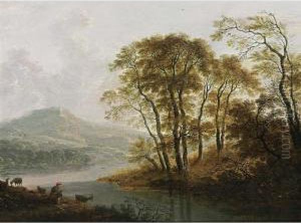 A Wooded River Landscape With A Shepherd And His Flock Resting Oil Painting by Cornelis Matthieu