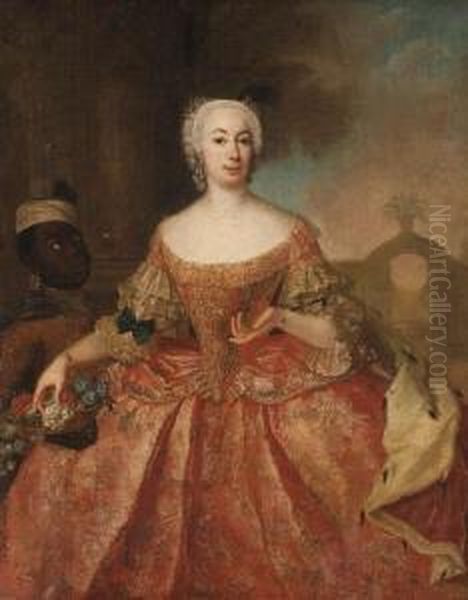 Portrait Of Princess Sophie Friedrich Albertine Of Anhalt, Threequarter Length, Holding A Basket Of Flowers, A Moor Beside Oil Painting by Rosina Christiana Ludovica Matthieu, Ne Lisiewska