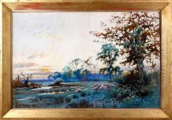 Sunset Landscape With Sheep Grazing Oil Painting by William Matthison