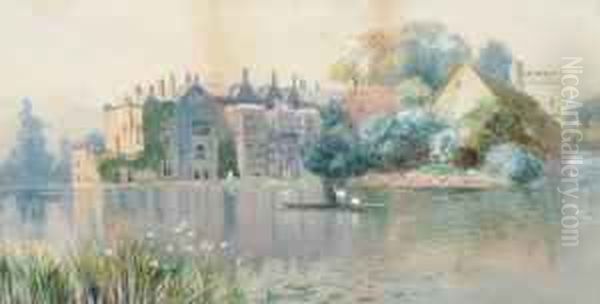 Attributed To William Matthison -- Punting On A River By A Manor House; Watercolour, 24.7x45.5cm Oil Painting by William Matthison