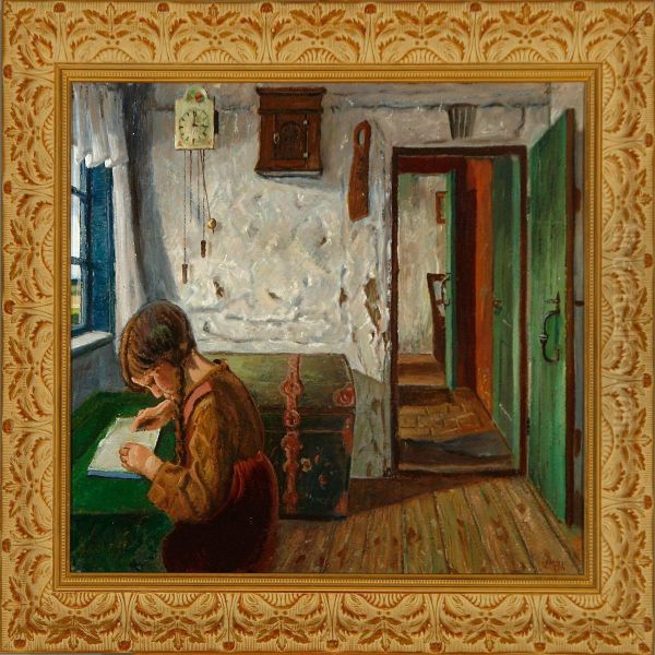 Interior With A Readinggirl Oil Painting by Valdemar Erhardt J. Mau