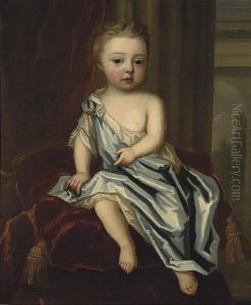 Portrait Of A Young Child, Full-length, In A Blue Mantle, Seated Ona Red Velvet Cushion Oil Painting by James Francis Maubert