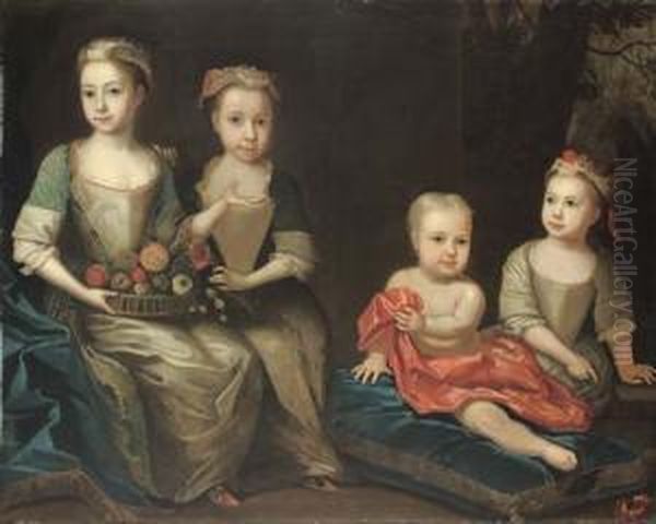 Group Portrait Of The Holdsworth Children, Mary (b. 1727), Sarah (b. 1728), Arthur (1733-1777) And Anne (b. 1731), Full-length, Seated In An Interior, A Landscape Beyond Oil Painting by James Francis Maubert