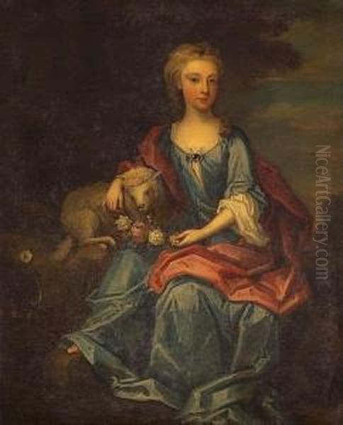 A Portrait Of A Young Boy, Full-length, With A Parrot; And A Companion Portrait Of A Young Girl With A Lamb, Thought To Be The Robinson Children (a Pair) Oil Painting by James Francis Maubert