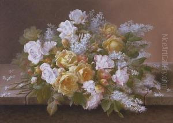 Pink Roses And White Lilacs Oil Painting by Raoul Maucherat de Longpre