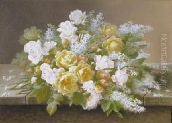 Still Life Of Yellow And White Roses With White Lilac Oil Painting by Raoul Maucherat de Longpre