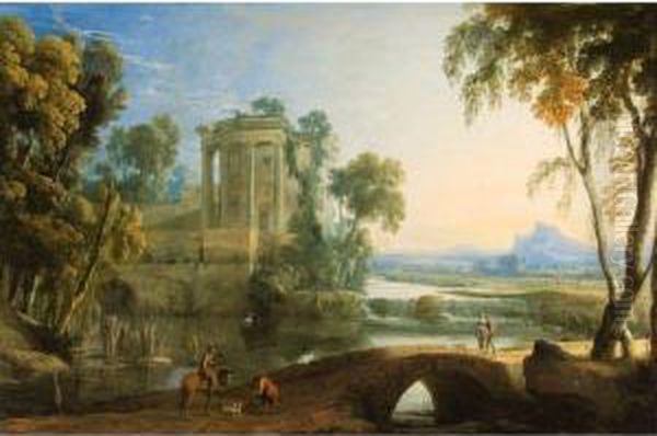 Paysage Panoramique Avec Un Temple De Vesta Pres D'unecascatelle Oil Painting by Henri Mauperche