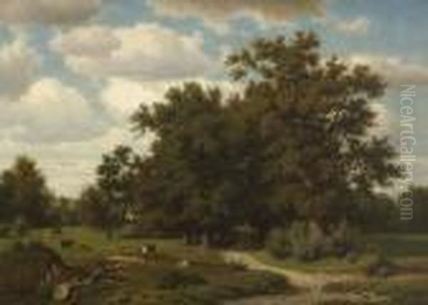 Baumlandschaft Mit Kuhen Auf Der
 Weide. Oil Painting by Jacob Maurer