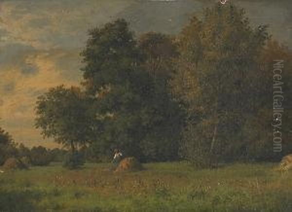 A Woman Working In A Field With A Wooded Landscape Beyond Oil Painting by Jacob Maurer