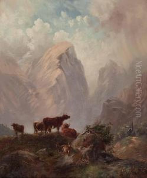 Kuhe Und Ziegen Auf Der Hochalm Oil Painting by Julius Maurer