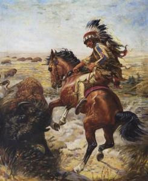 Chief Spotted Tail Shooting Buffalo Oil Painting by Louis Maurer