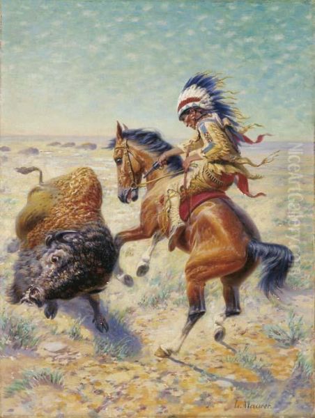 Chief Spotted Tail Shooting Buffalo Oil Painting by Louis Maurer