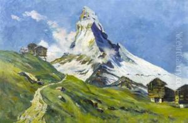 Alpine Landscape With View Of The Matterhorn Oil Painting by Hans Maurus