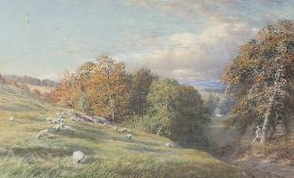 A Wooded Hilly Landscape With Sheep Grazing To The Fore, A Shepherd Nearby Leaning On A Silver Birch, Signed And Dated 1868, Watercolour Oil Painting by George Mawley