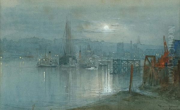 A Moonlit Harbour Oil Painting by Donald Maxwell